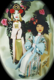 china dolls in fabric with polymer clay mask faces